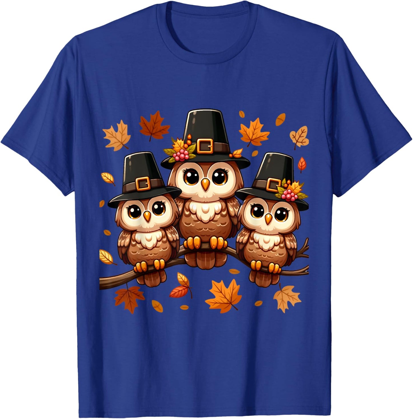 Pilgrim Owls on Autumn Perch Thanksgiving T-Shirt - T-Shirt | Royal