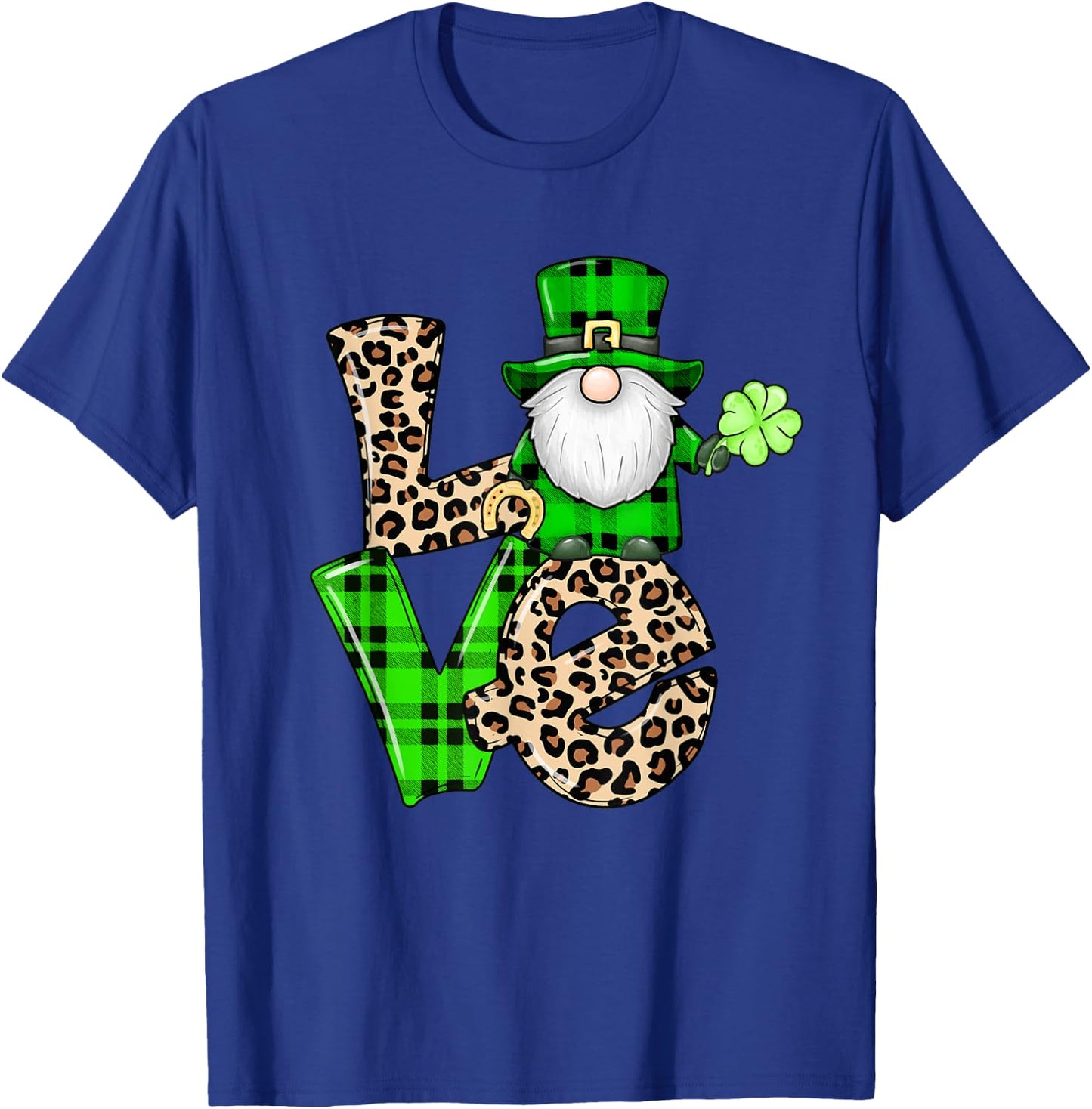 Leopard Shamrock Gnome Leprechaun LOVE St. Patricks Day T-Shirt - T-Shirt | Royal