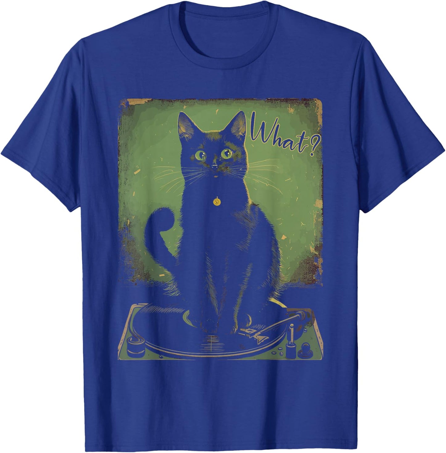 Black Cat Sitting On Vinyl Record Player Women Men T-Shirt - T-Shirt | Royal