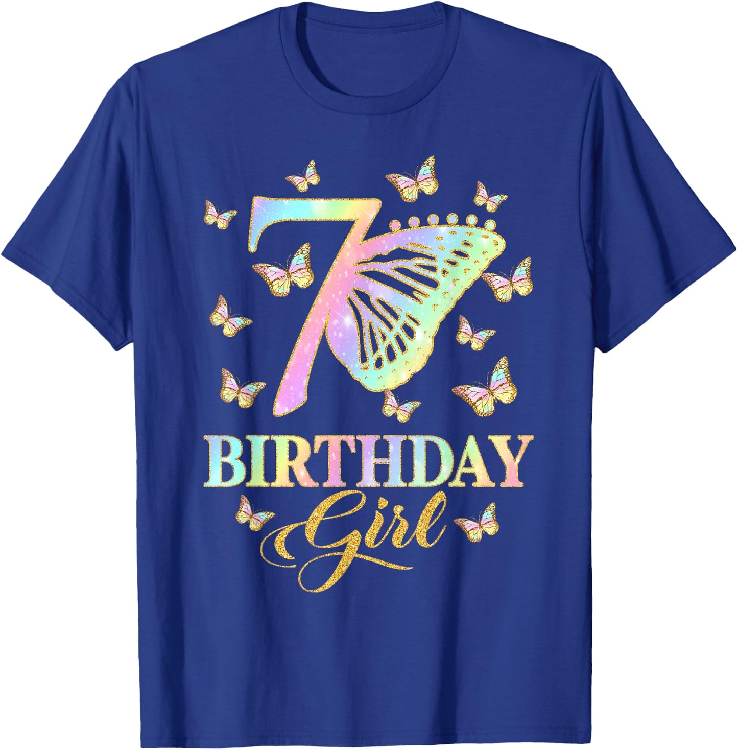 Butterfly 7th Birthday Outfit 7 Year Old Girl Kids Cute T-Shirt - T-Shirt | Royal
