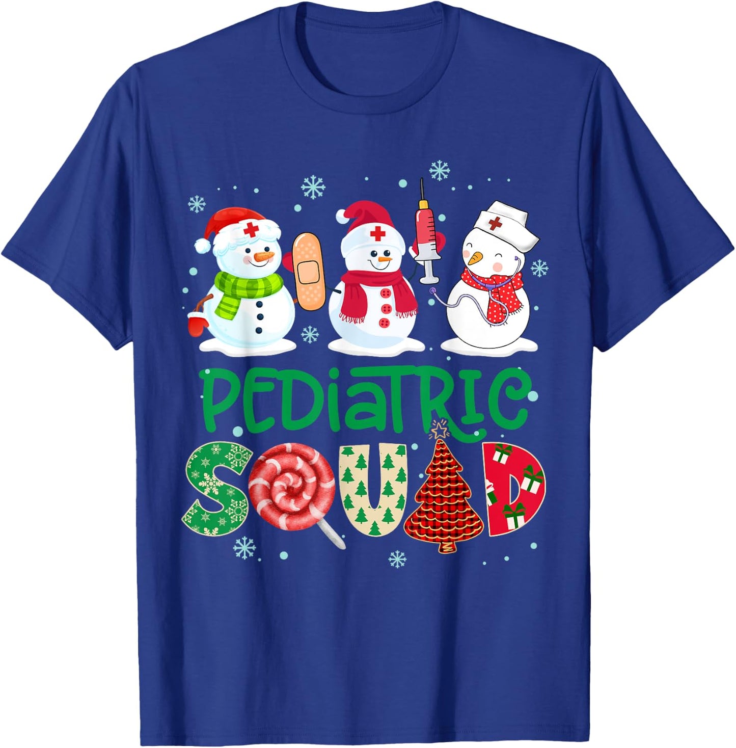 Pediatric Squad Nurse Snowmies Stethoscope Christmas Pine T-Shirt - T-Shirt | Royal