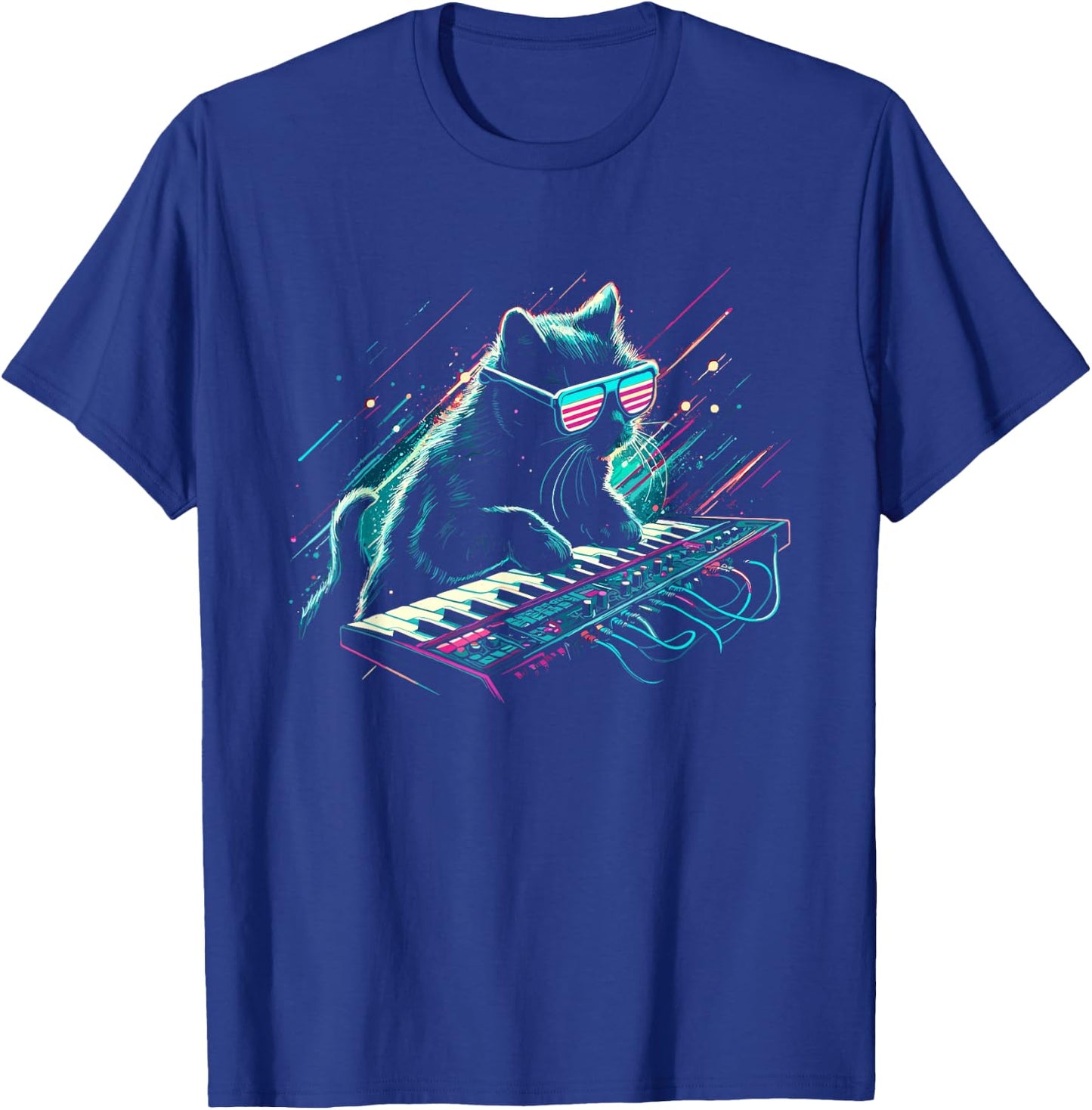 DJ Cat With Synthesizer - Funny Vintage 80s 90s Disco Cat T-Shirt - T-Shirt | Royal