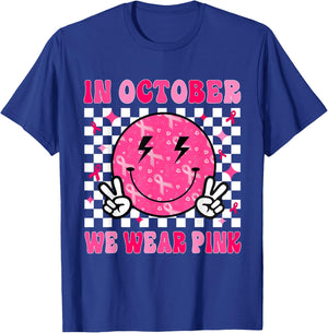 In October We Wear Pink Ribbon Breast Cancer Awareness T-Shirt - T-Shirt | Royal