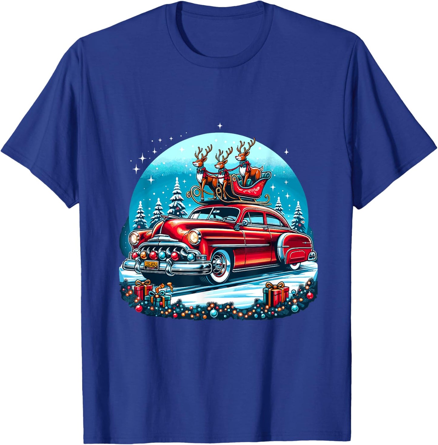 Holiday Roadtrip - Classic Car Christmas Tree T-Shirt - T-Shirt | Royal