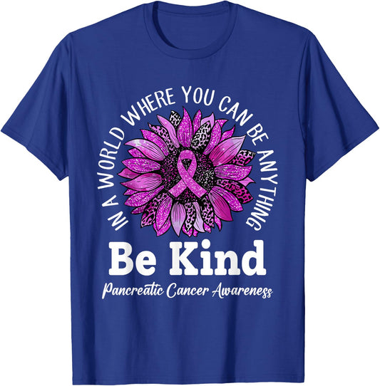 Be Kind Sunflower Ribbon Purple Pancreatic Cancer Awareness T-Shirt - T-Shirt | Royal