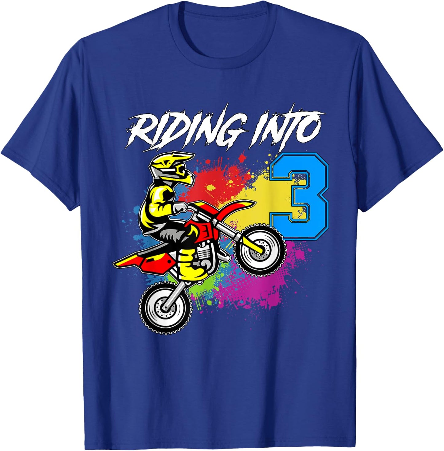 Riding Into 3 Years Old | 3rd Birthday Boy Dirt Bike Party T-Shirt - T-Shirt | Royal