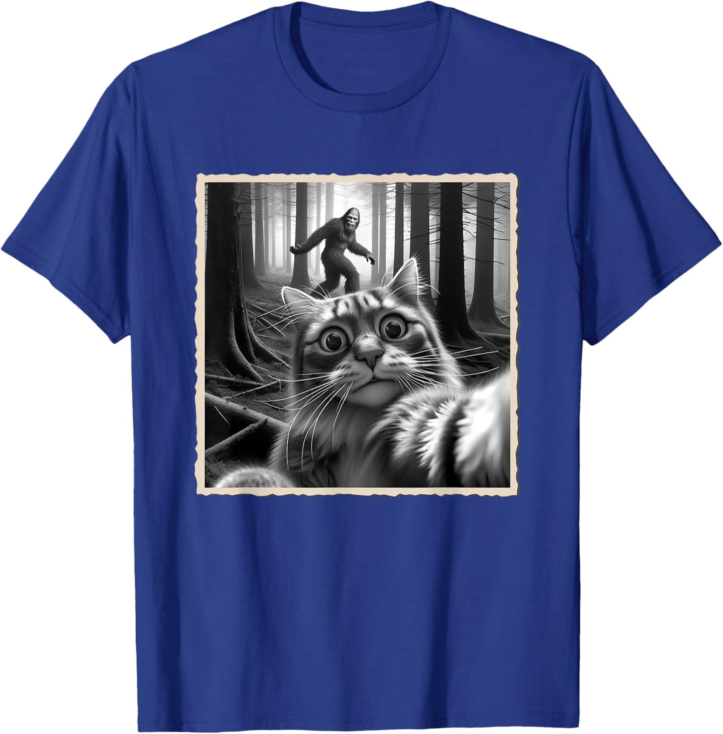Funny Cat Selfie with Bigfoot, Sasquatch & Humor, Funny Cat T-Shirt - T-Shirt | Royal