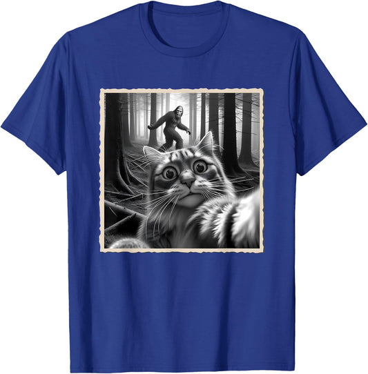 Funny Cat Selfie with Bigfoot, Sasquatch & Humor, Funny Cat T-Shirt - T-Shirt | Royal