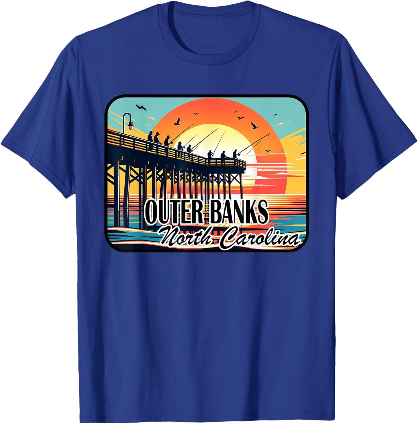 Outer Banks North Carolina Pier Fishing at Dawn Design T-Shirt - T-Shirt | Royal