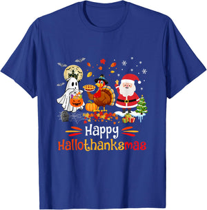Happy Hallothanksmas Ghost Turkey Pumpkin Christmas Santa T-Shirt - T-Shirt | Royal