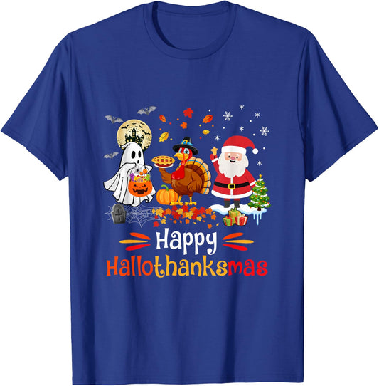 Happy Hallothanksmas Ghost Turkey Pumpkin Christmas Santa T-Shirt - T-Shirt | Royal