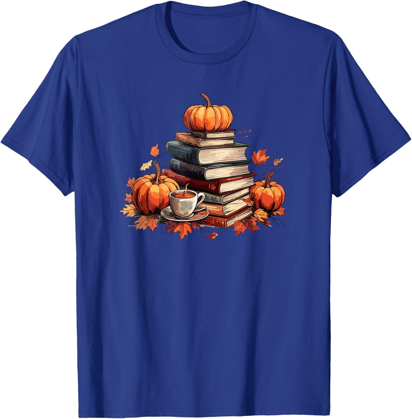 Books Coffee Fall Leaves and Pumpkins Vintage Library T-Shirt - T-Shirt | Royal