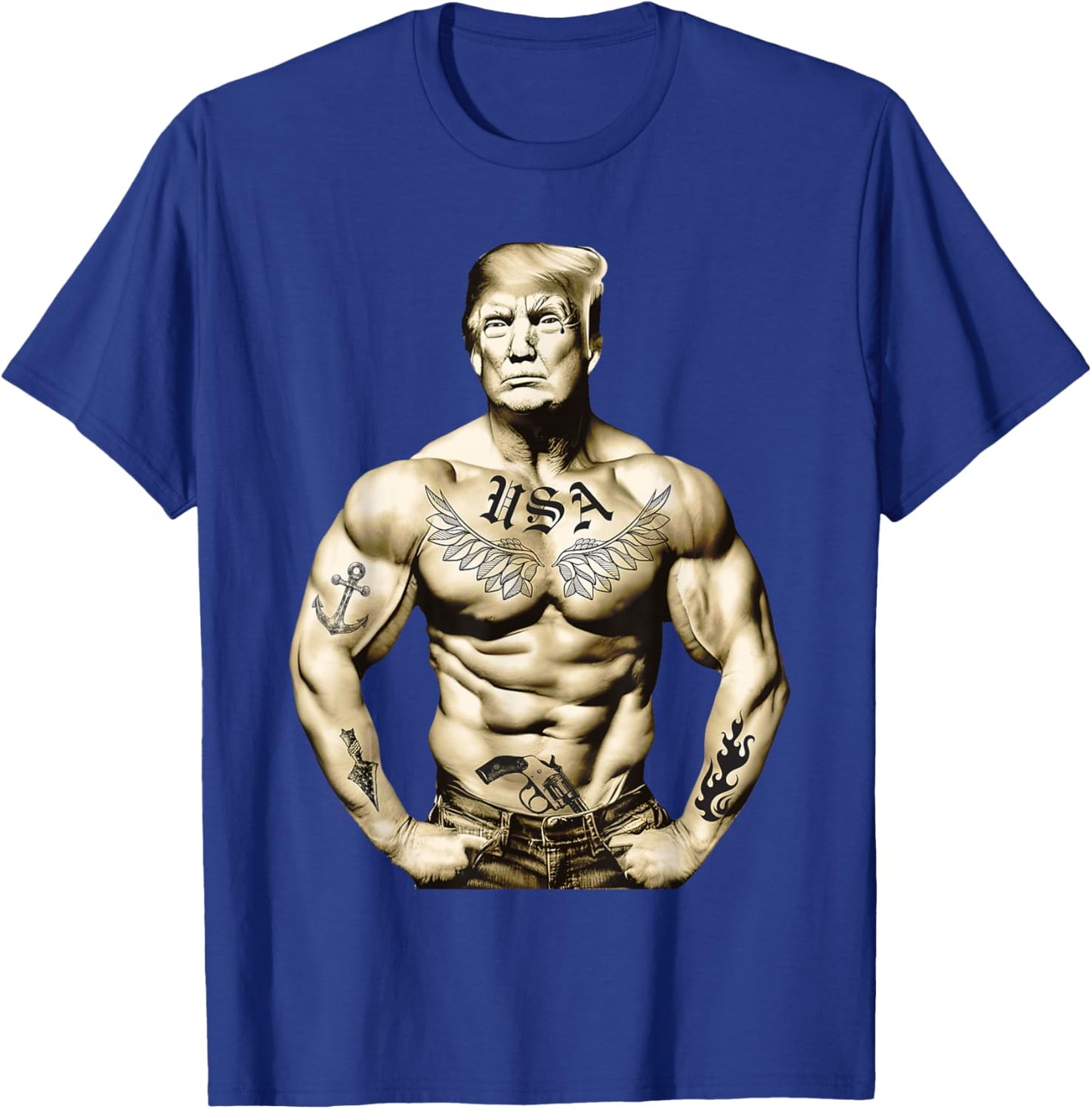 Funny Donald Trump Muscle Workout Tattoo Supporter 2024 T-Shirt - T-Shirt | Royal