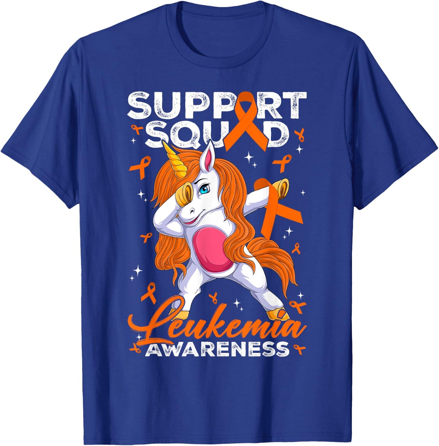 Support Squad Leukemia Awareness Unicorn With Orange Ribbon T-Shirt - T-Shirt | Royal