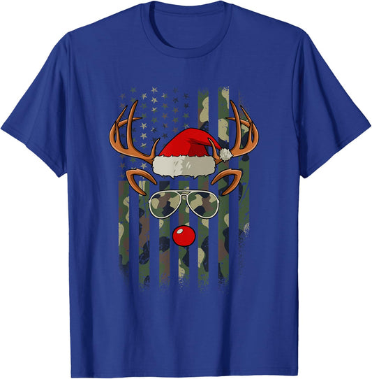 Reindeer Camo American Flag Christmas Pajama X-Mas Veteran T-Shirt - T-Shirt | Royal