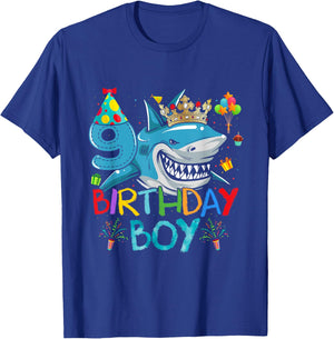 9th Birthday Shark Ocean Theme Party 9 Years Old For Boy T-Shirt - T-Shirt | Royal