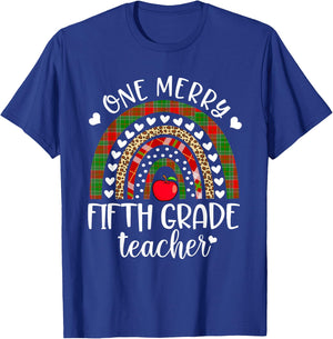 One Merry Fifth Grade Teacher Christmas Rainbow Leopard Xmas T-Shirt - T-Shirt | Royal