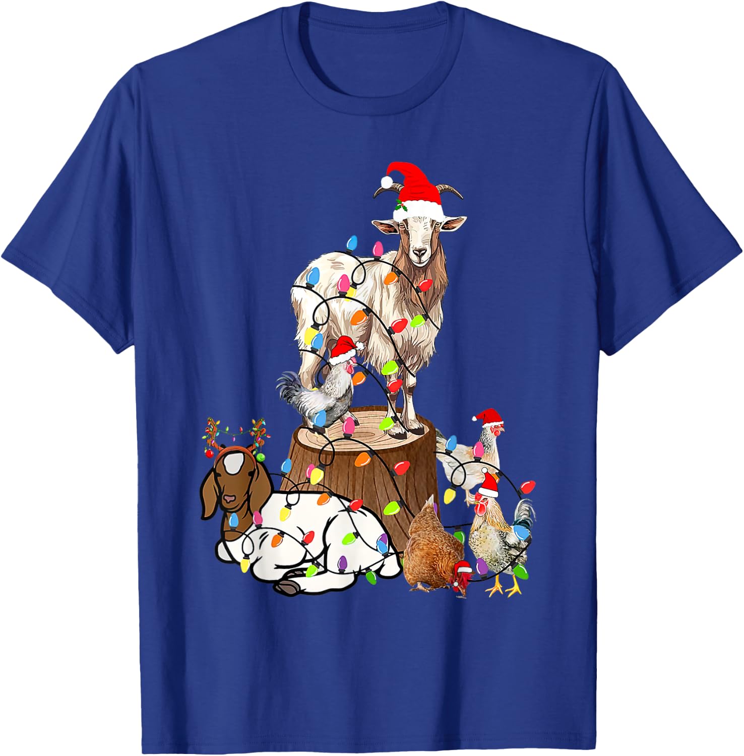 Goat Chicken Santa Hat Reindeer Funny Christmas Lights Farm T-Shirt - T-Shirt | Royal