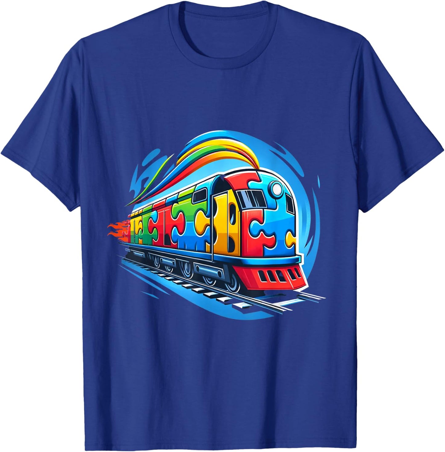 Autism Rainbow Puzzle Piece Train Acceptance Awareness T-Shirt - T-Shirt | Royal