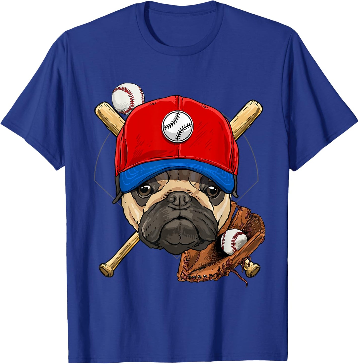 Pawsome -Adults, Kids Baseball , Black, Small, Short Sleeve, Cartoon Pug Baseball Player Applique T-Shirt - T-Shirt | Royal