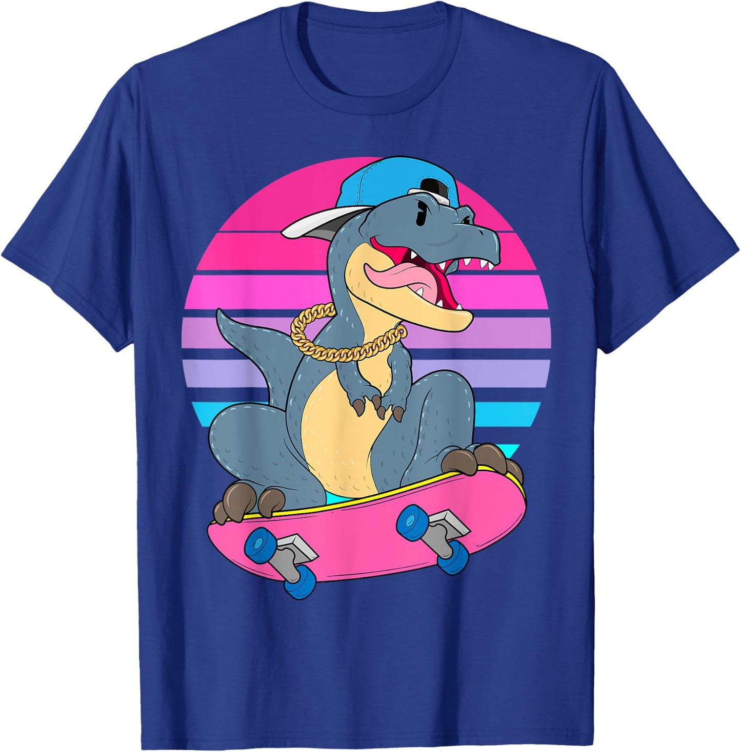 Skateboarding Dinosaur T-Rex Dino RAD Skateboard 80s Skater T-Shirt - T-Shirt | Royal