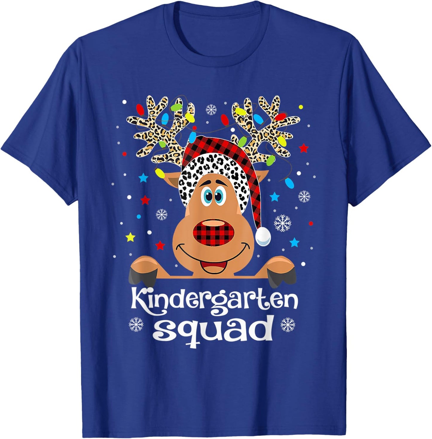 Kindergarten Squad Plaid Reindeer Santa Hat Teacher Men Women Kids T-Shirt - T-Shirt | Royal