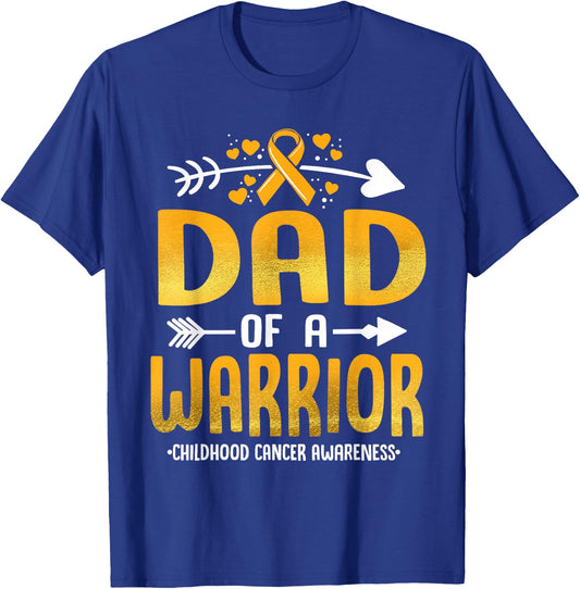 Dad Of A Warrior Childhood Cancer Awareness Gold Ribbon T-Shirt - T-Shirt | Royal