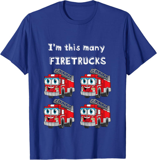 Kids Firetruck 4th Birthday I'm This Many Firetrucks 4-Year-Old T-Shirt - T-Shirt | Royal