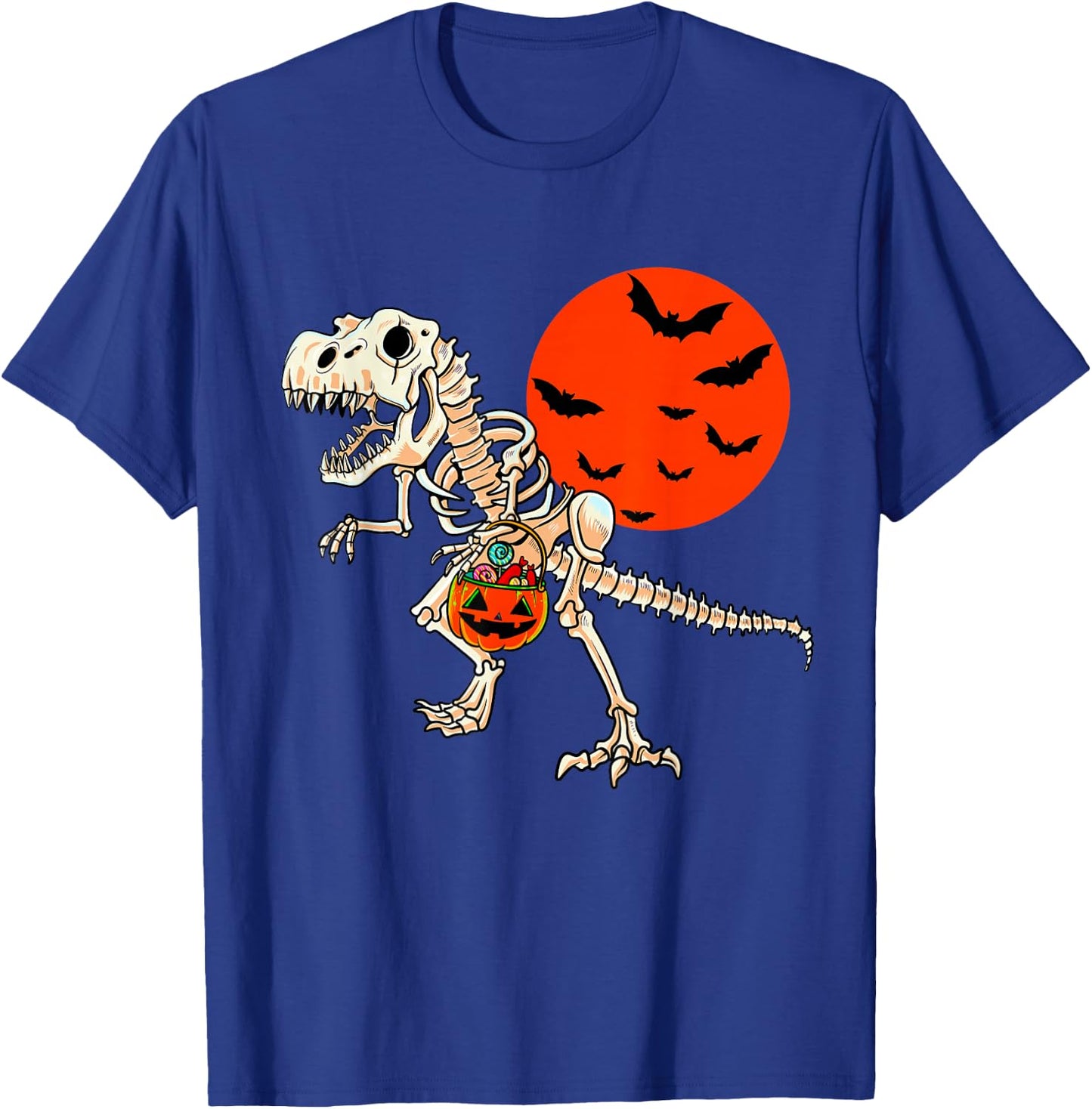 Scary Dinosaur Halloween Boys T Rex Skeleton Pumpkin Moon T-Shirt - T-Shirt | Royal