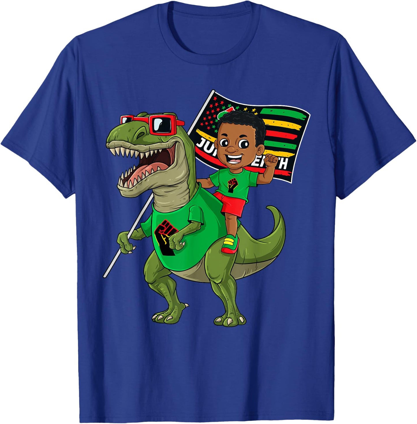 Juneteenth Black King Riding T Rex Dino Funny Boys Kids Flag T-Shirt - T-Shirt | Royal