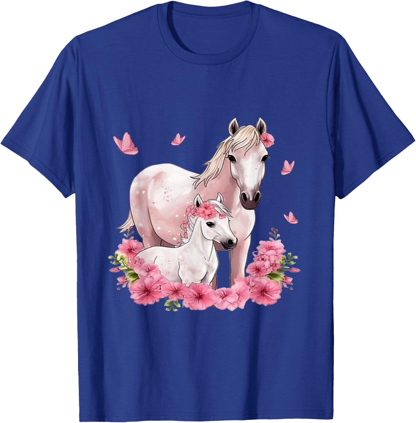 Horse with Foal - Flowers and Butterflies T-Shirt - T-Shirt | Royal