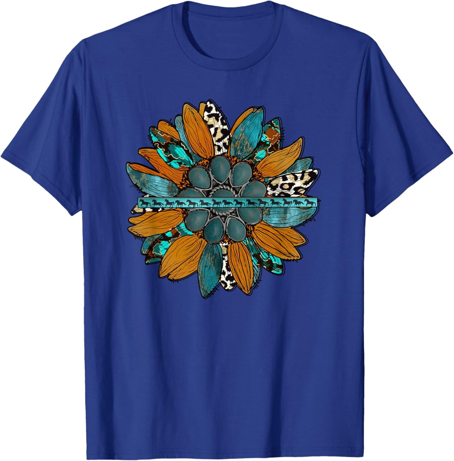 Country Western Sunflower Earth Tones Cowhide Teal T-Shirt - T-Shirt | Royal