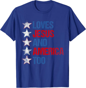 4th Of July Shirt Retro Loves Jesus and America Too Banner T-Shirt - T-Shirt | Royal