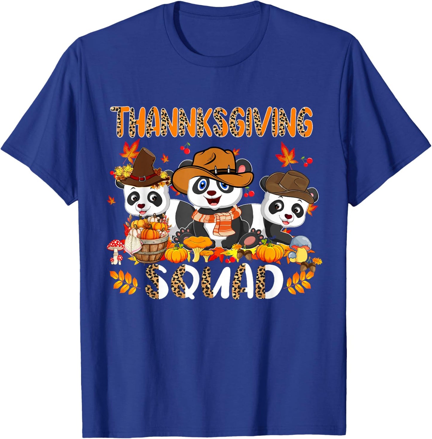 Thanksgiving Squad Leopard Three Fall Pandas Wearing Hat T-Shirt - T-Shirt | Royal