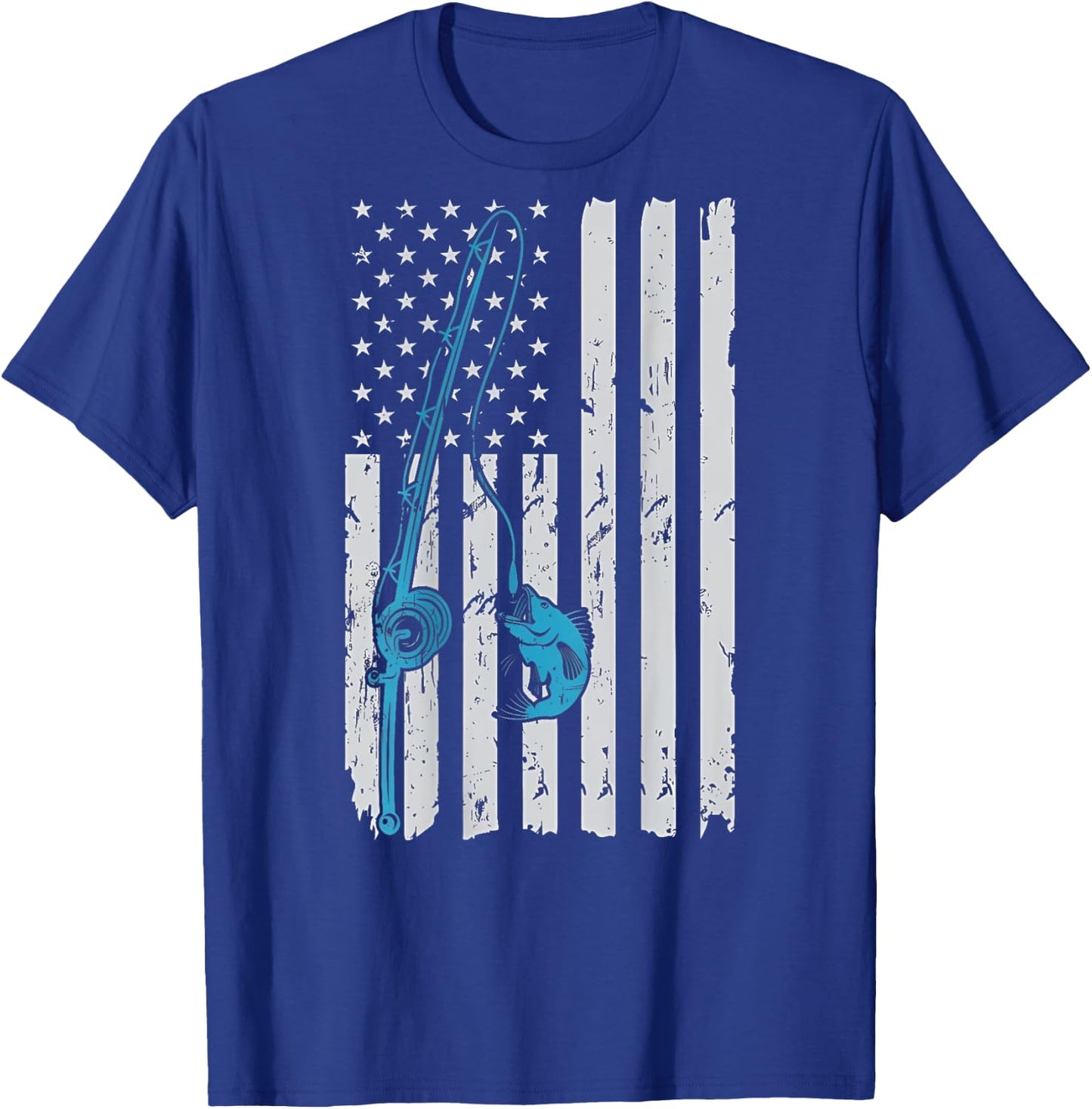 Vintage American Flag Fishing Fisherman Patriotic (ON BACK) T-Shirt - T-Shirt | Royal