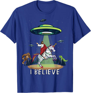 Believe Bigfoot Dinosaur Alien UFO Jesus Riding On Unicorn T-Shirt - T-Shirt | Royal