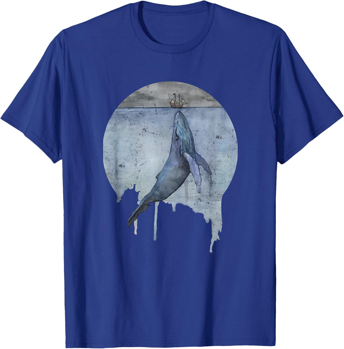 Humpback Whale Ship At Sea Distressed Watercolor Ocean Sea T-Shirt - T-Shirt | Royal
