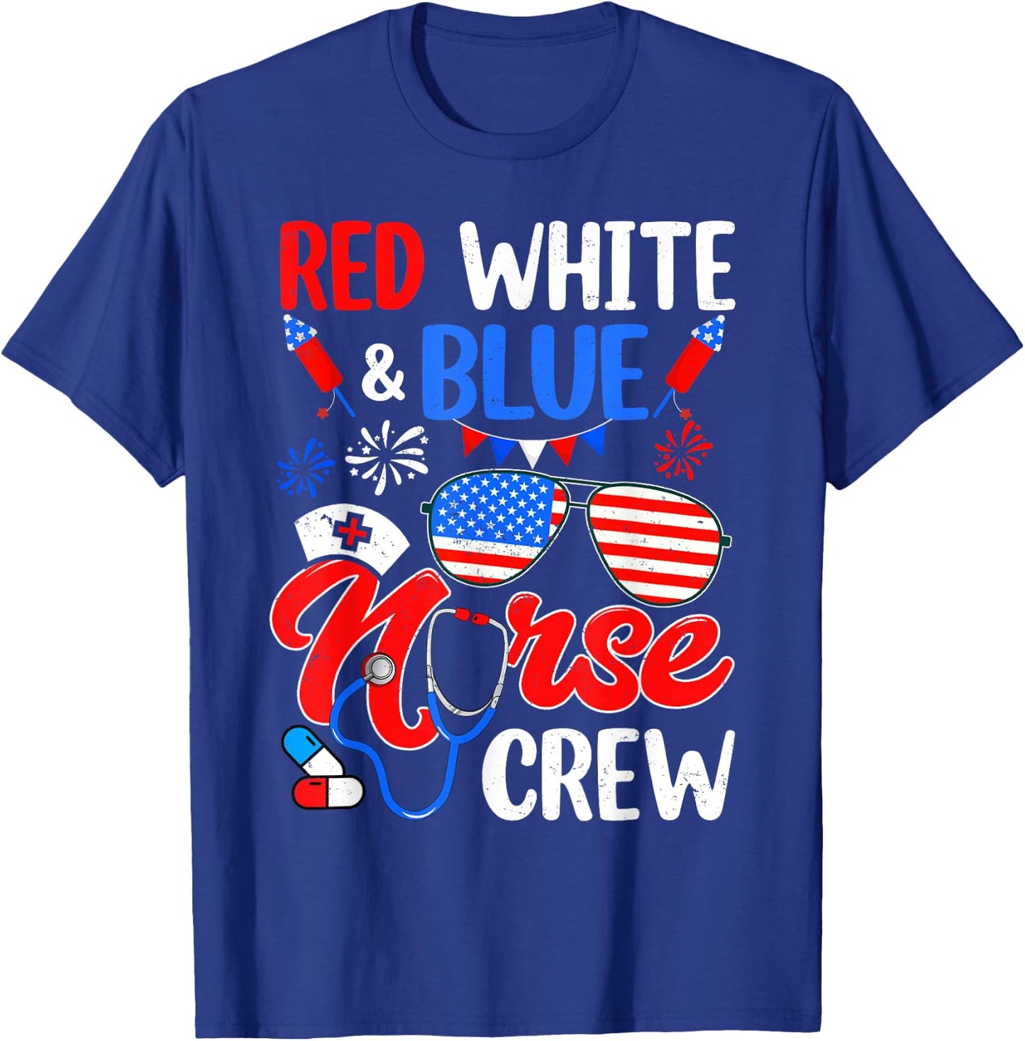 Red White Blue Nurse Crew Sunglasses 4th Of July Women Men T-Shirt - T-Shirt | Royal