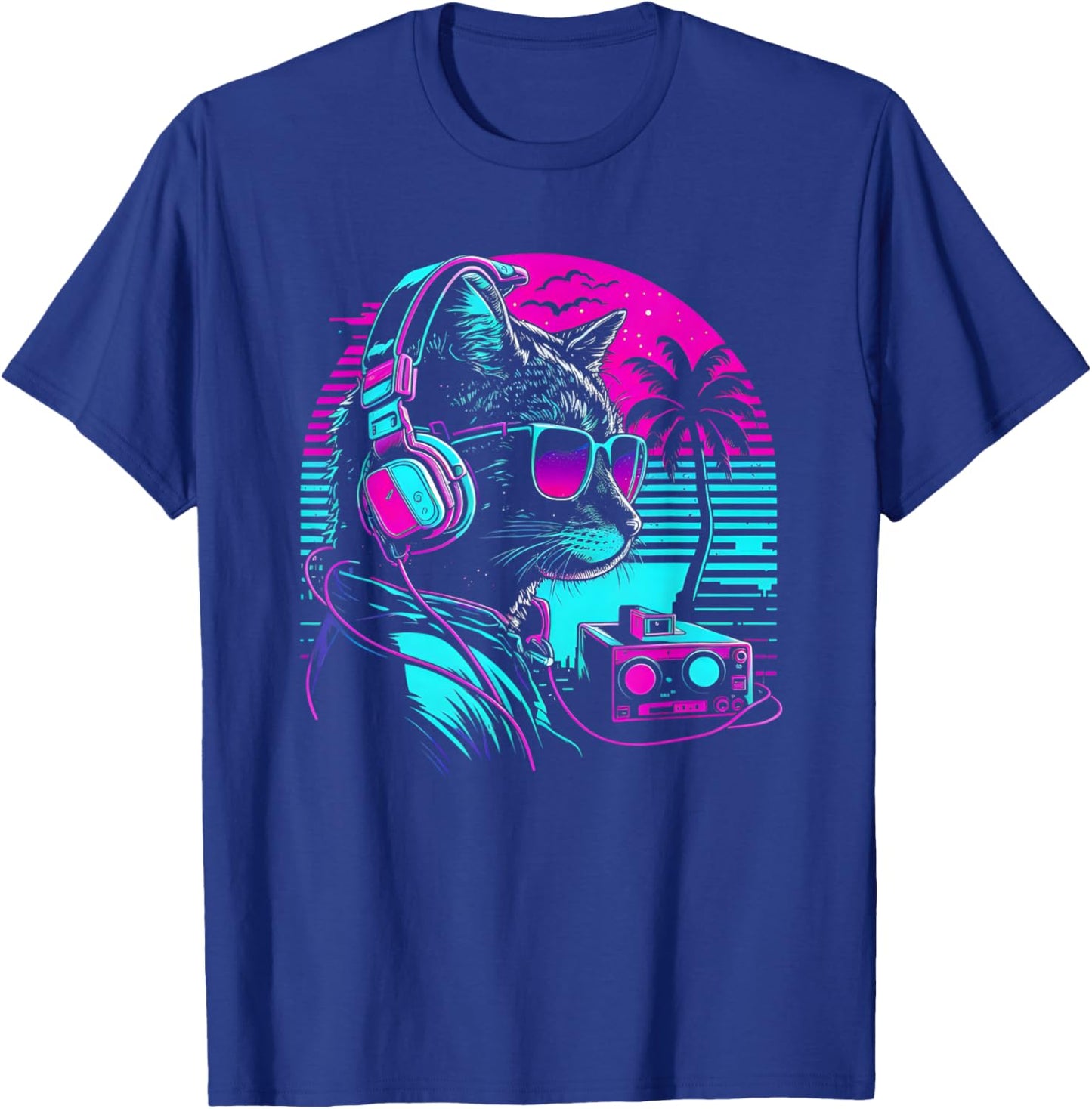 House DJ Cat 80s 90s Kitten Sunset Rainbow DJ Cat Kitty T-Shirt - T-Shirt | Royal