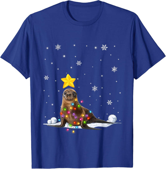 Funny Xmas Sea lion Animals Lover Christmas Tree Lights T-Shirt - T-Shirt | Royal