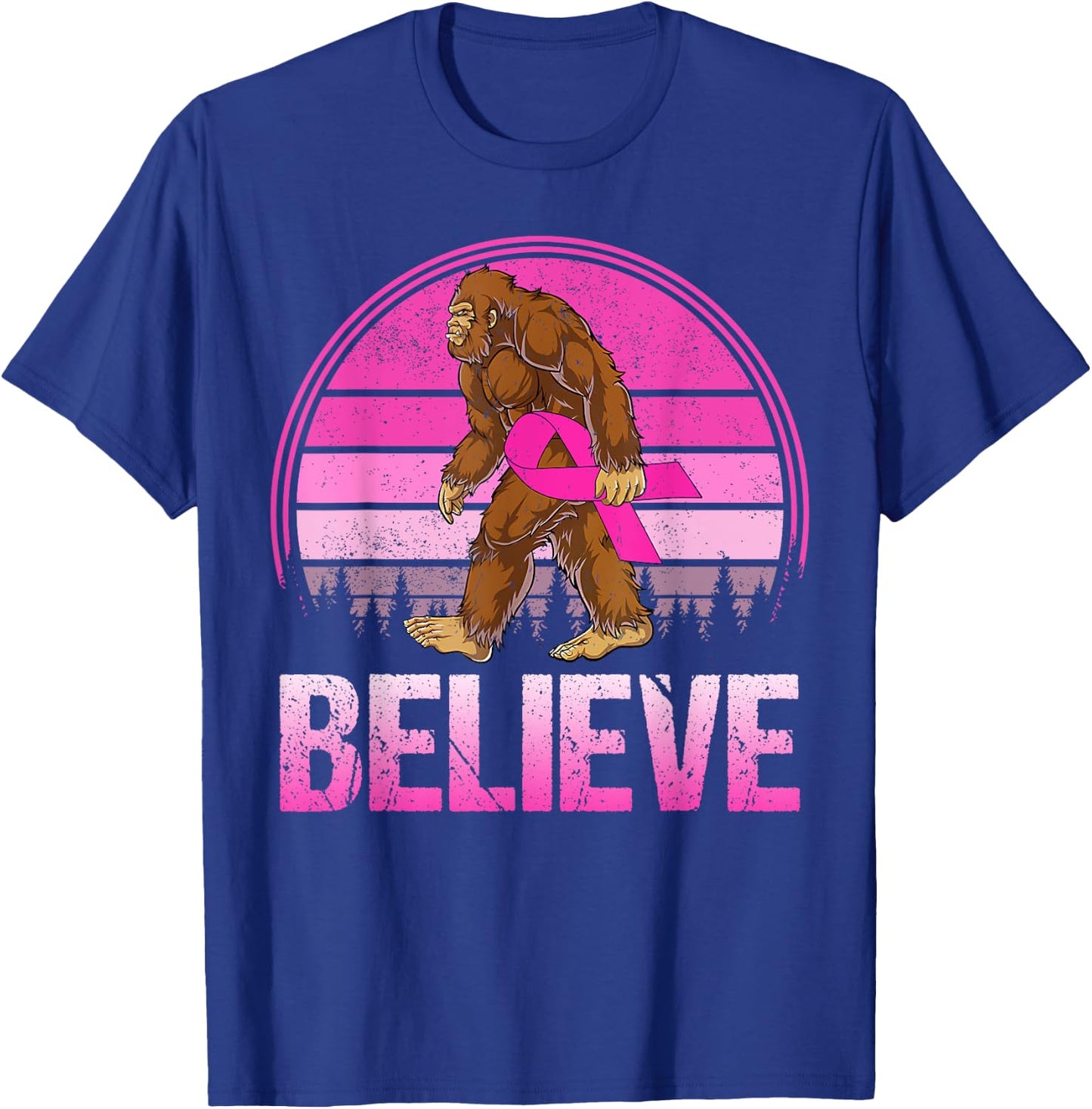 Retro Believe Breast Cancer Bigfoot & Pink Ribbon Sasquatch T-Shirt - T-Shirt | Royal