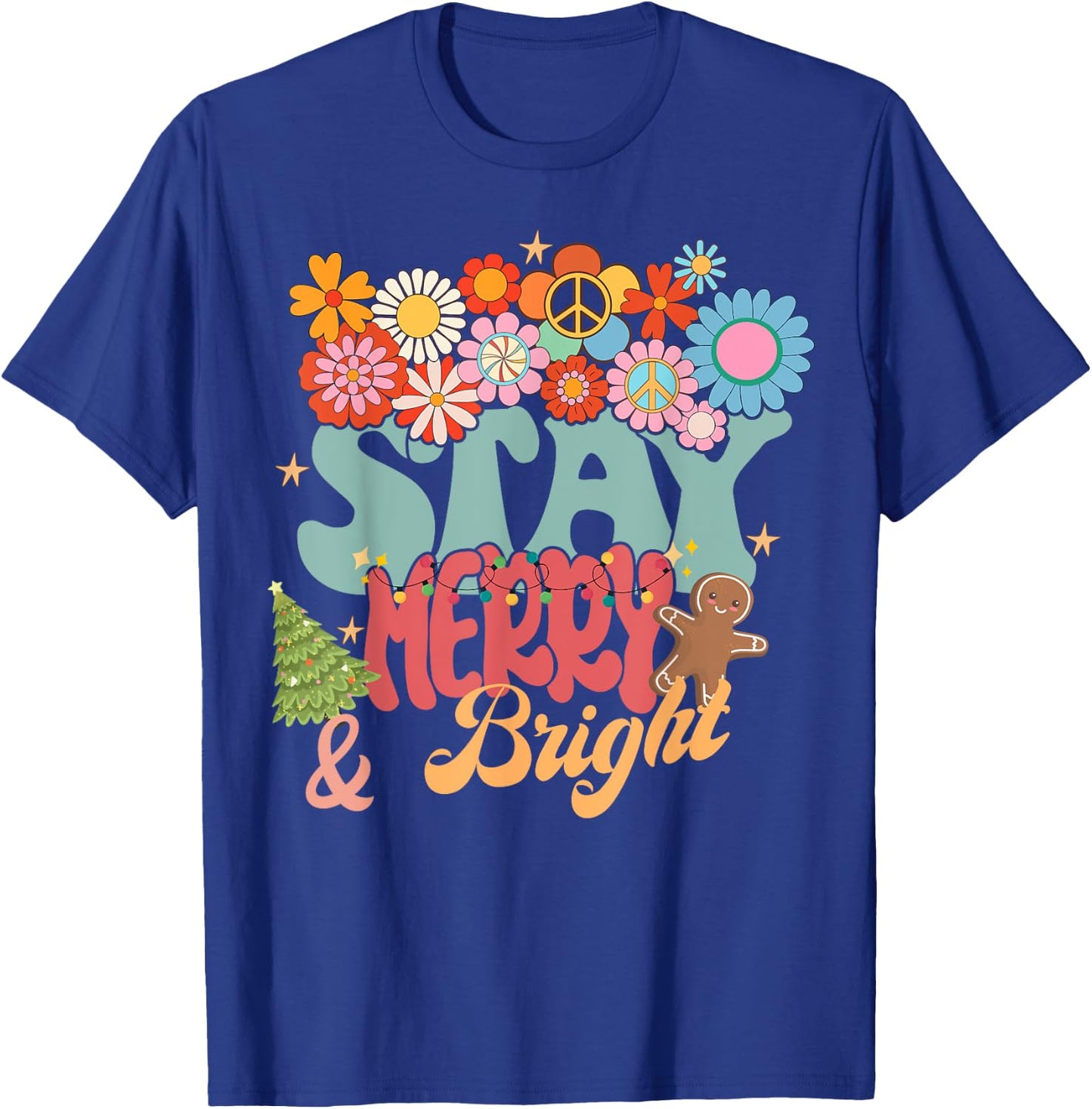 Retro Groovy Peace Stay Christmas Merry Bright Hippie Santa T-Shirt - T-Shirt | Royal