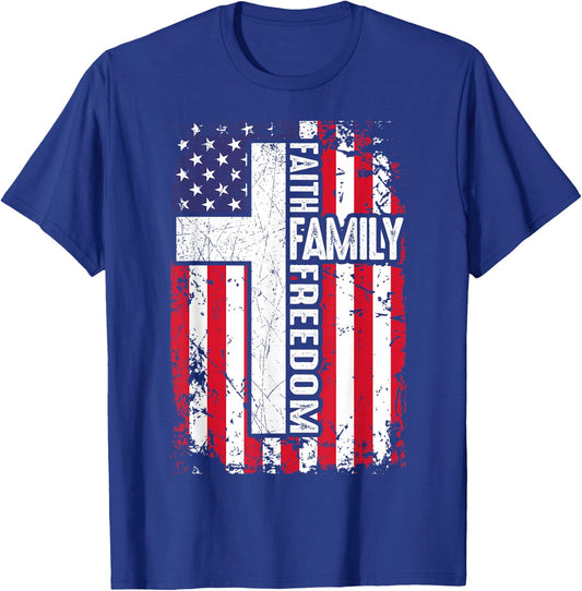 Faith Family Freedom Patriotic Christian American Flag Cross T-Shirt - T-Shirt | Royal