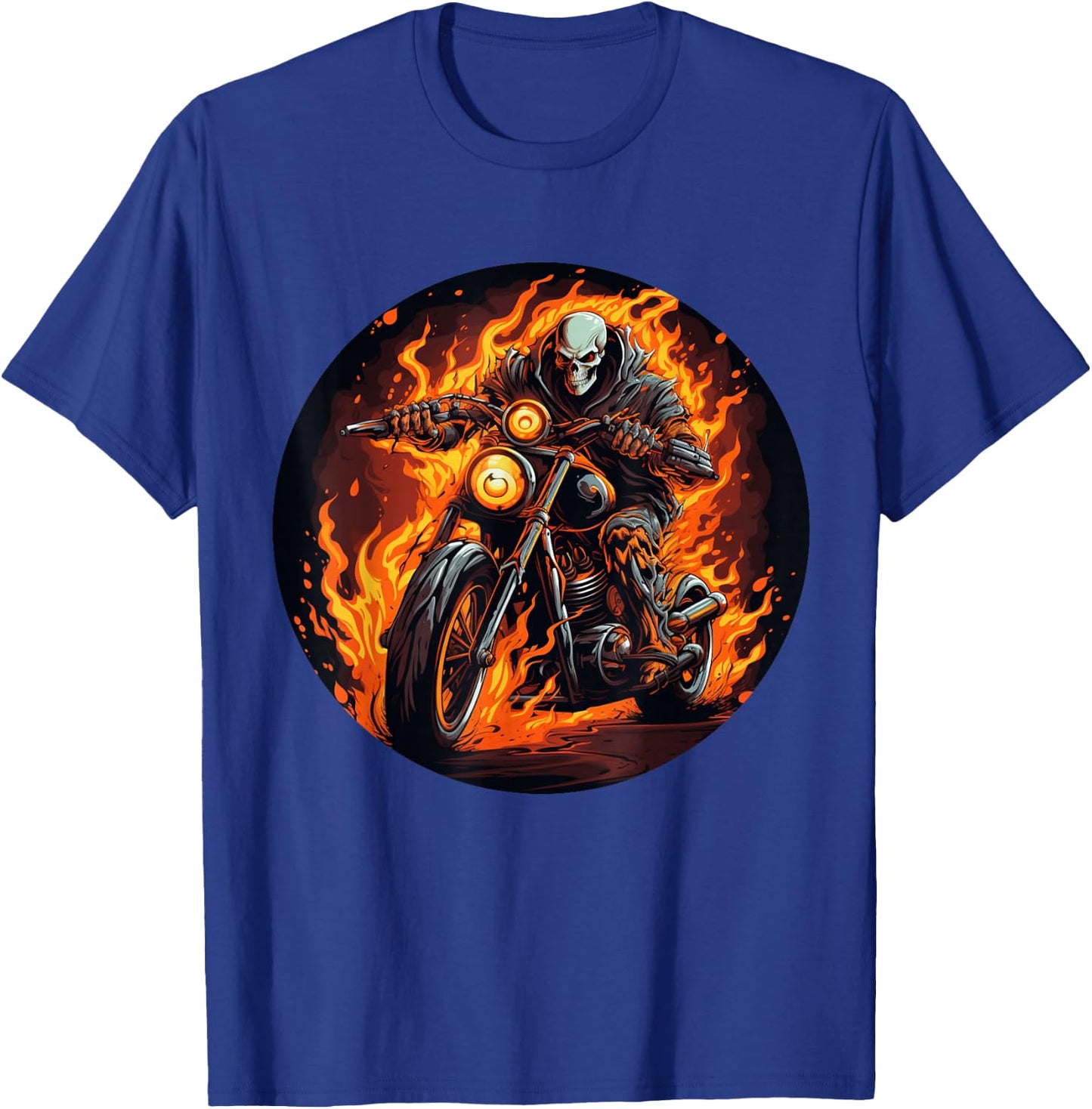 Skeleton Flames on burning Motorcycle for Motorbikes Lovers T-Shirt - T-Shirt | Royal