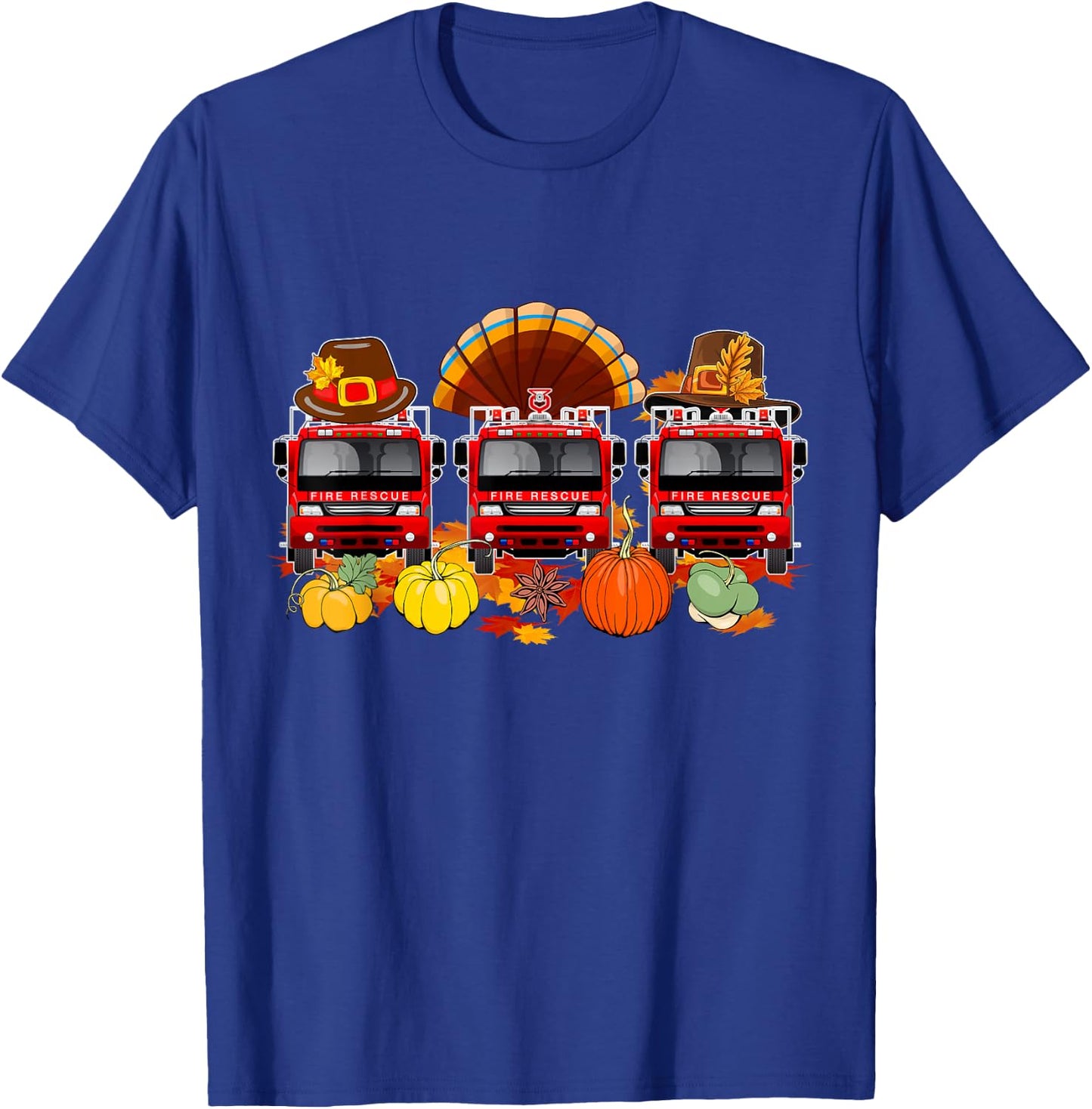 Thanksgiving Three Cute Fire Trucks As Turkey Autumn Driver T-Shirt - T-Shirt | Royal