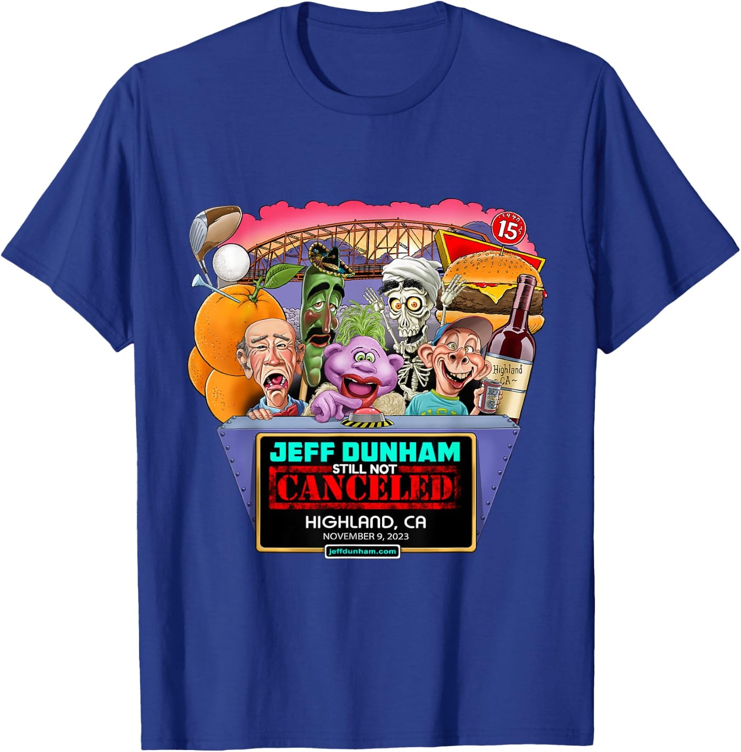 Jeff Dunham Highland, CA (2023) T-Shirt - T-Shirt | Royal