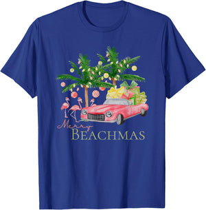 Merry Beachmas Tropical Christmas Santa Flamingo Hawaii Men Women T-Shirt - T-Shirt | Royal