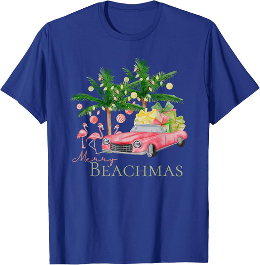 Merry Beachmas Tropical Christmas Santa Flamingo Hawaii Men Women T-Shirt - T-Shirt | Royal