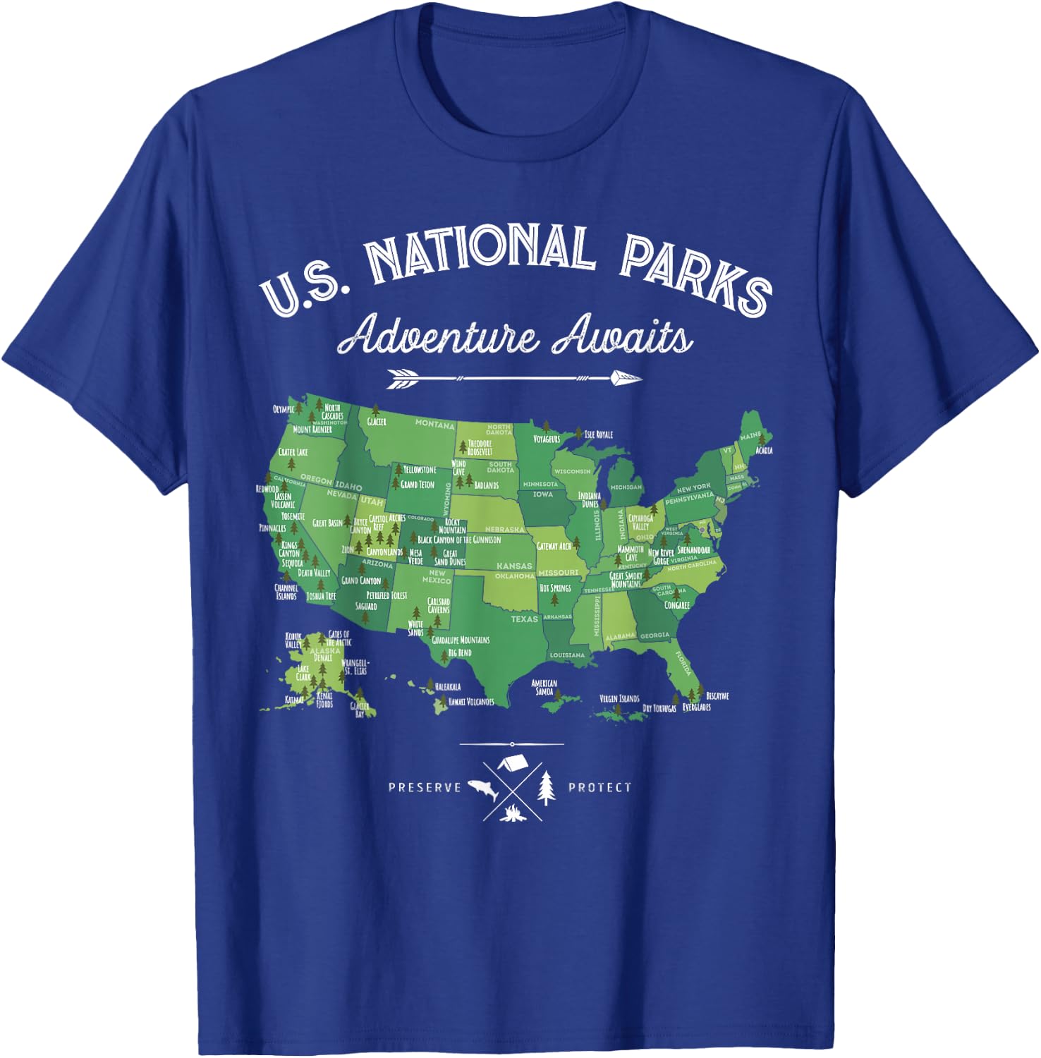 63 National Parks Map US Park Retro Vintage Camping Hiking T-Shirt - T-Shirt | Royal