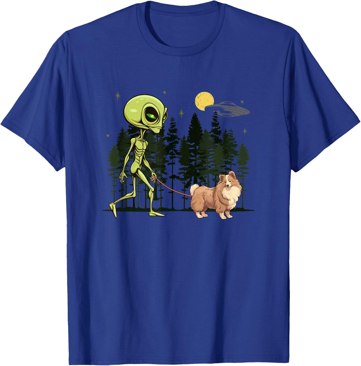 Funny Shetland Sheepdog Sheltie Alien Walking UFO Pet Dog Women Kids T-Shirt - T-Shirt | Royal